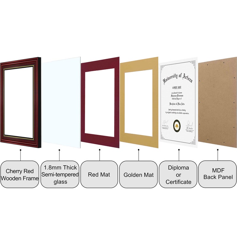CORE ART 11x14 Diploma Frame Display Certificates 8.5 x 11 with Red Mat or Documents 11 x 14 without Mat, College Degree Wooden Frame with Tempered Glass for Wall and Tabletop Display(Cherry Red) - Image 5
